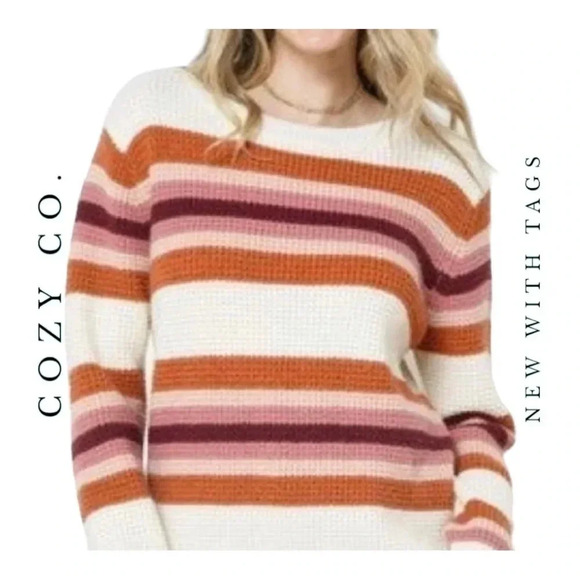 Cozy CO.‎ LONG SLEEVE SWEATER STRIPES OFF WHITE/ CREAM/RUST/PINK/MAROON KNITTED - Picture 1 of 10